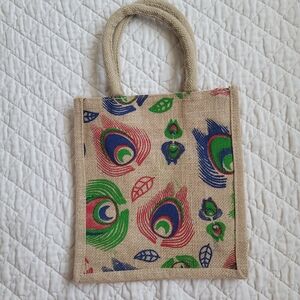 Natural Jute Tote Bag with Multicolor Peacock Print
